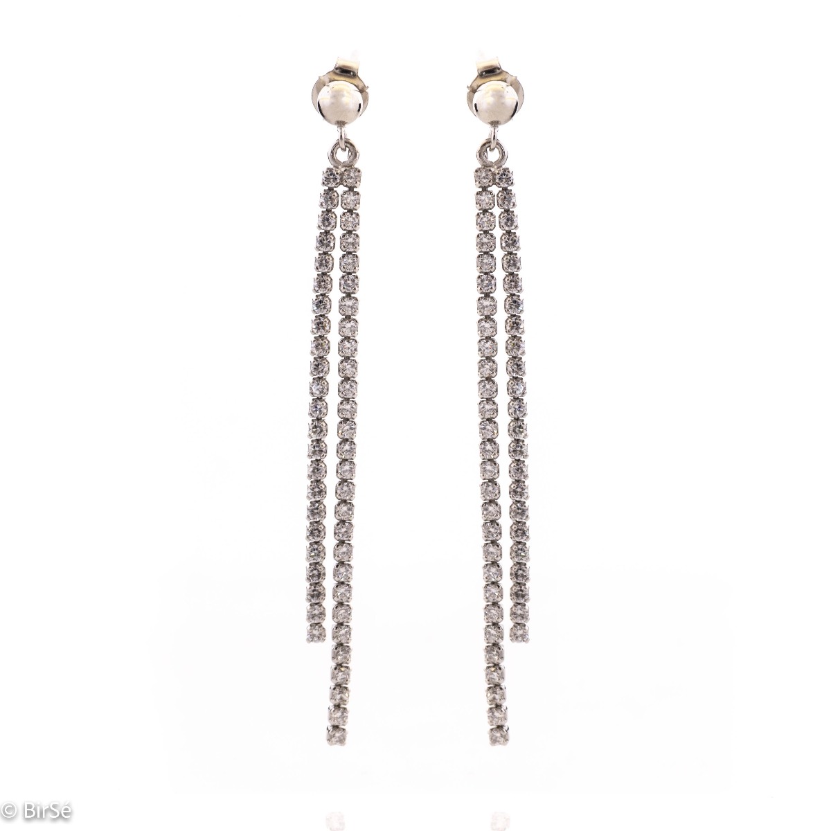 Charming women's earrings, elegantly formed by two delicate silver chains, completely covered with sparkling zircons. The earrings are fastened with a pin, for greater convenience and security.