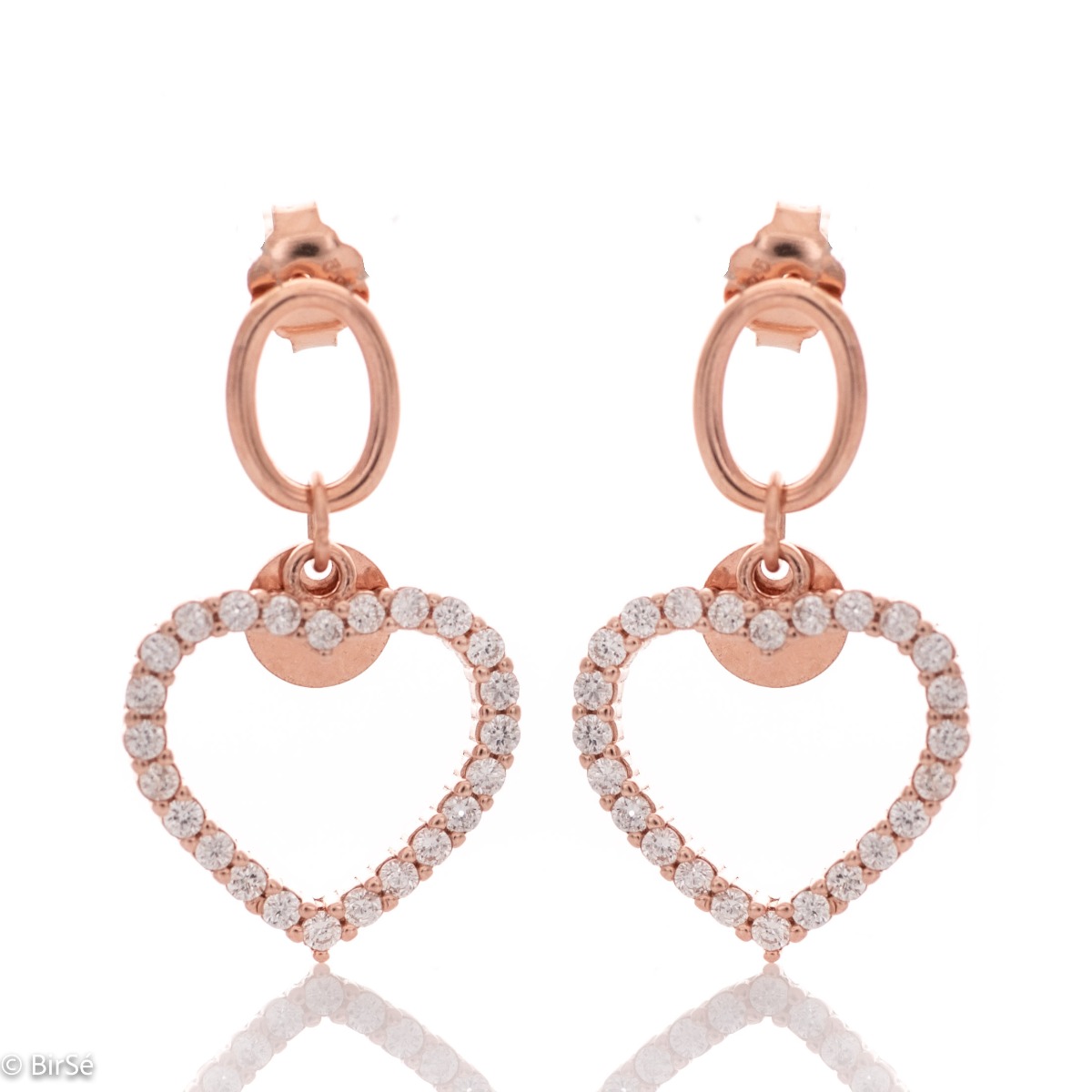 Charming women's earrings in sparkling rose silver with dangling hearts. Beautiful zircons add extra charm to the delicate jewelry. With pin fastening - preferred and comfortable for ladies.