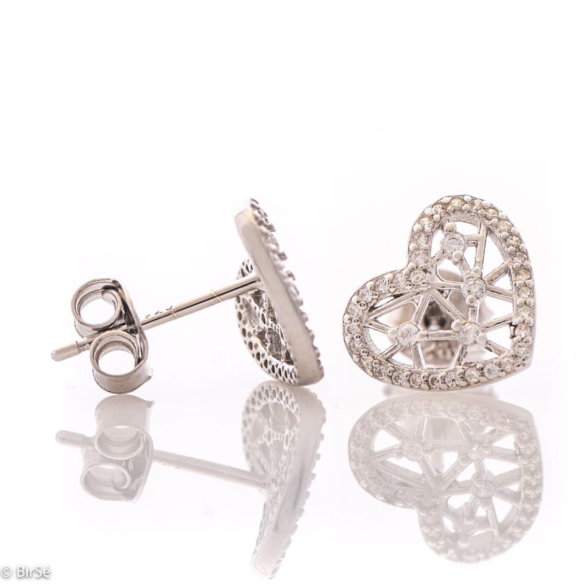 Charming women's earrings in the shape of a heart, in the middle with a delicate braid, like a spider web. Dazzling zircons like dewdrops shine on her. Jewelry is a suitable gift for any occasion. Pin fastening is comfortable and secure for little and big