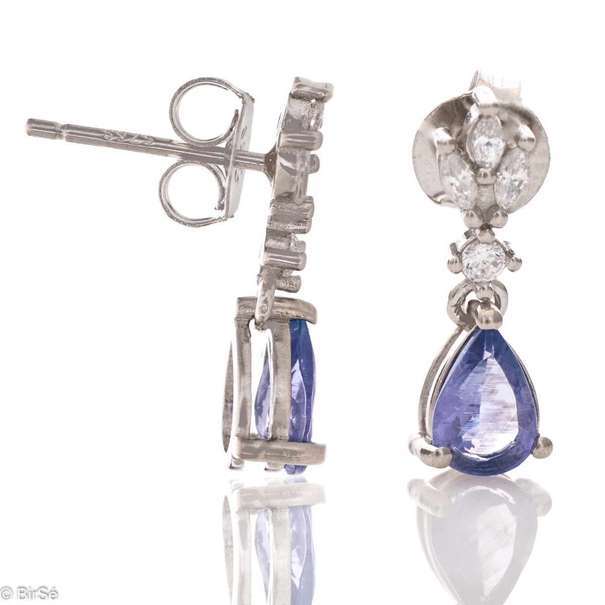 Spectacular craftsmanship of our new women's stud earrings, combining beautiful rhodium silver with perfect natural tanzanite stones and delicate zircons.