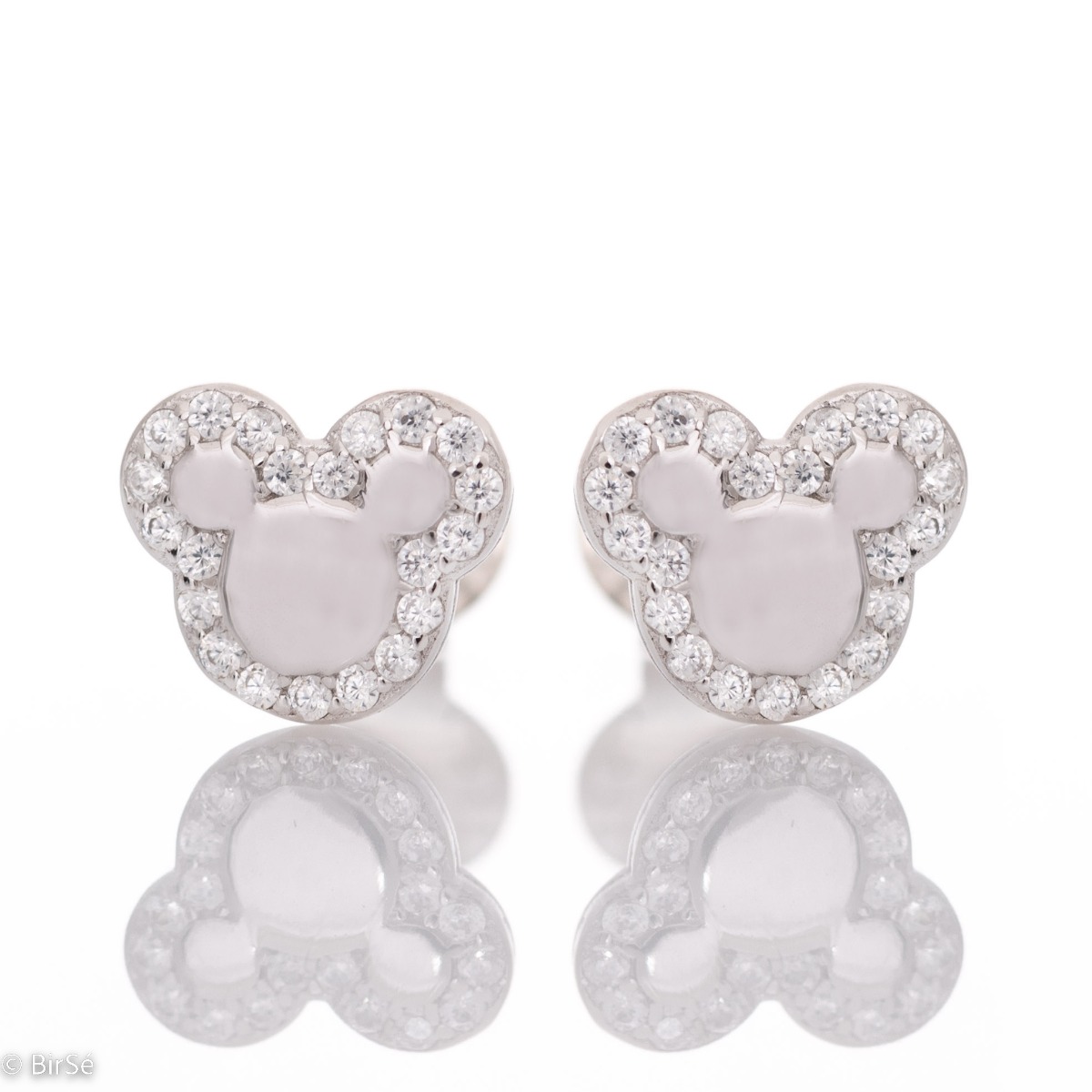 Charming ear-shaped earrings made of rhodium-plated silver with countless sparkling zircons. The pin fastening is secure and comfortable, and the earrings are also a suitable gift for little girls.