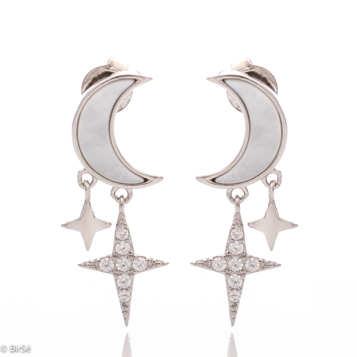 Captivating earrings, masterfully crafted from fine rhodium silver with an elegant design. Beautifully sculpted stars and moon with mother-of-pearl and zircons are suitable jewelry for ladies of any age, and the pin fastening is comfortable and practical.