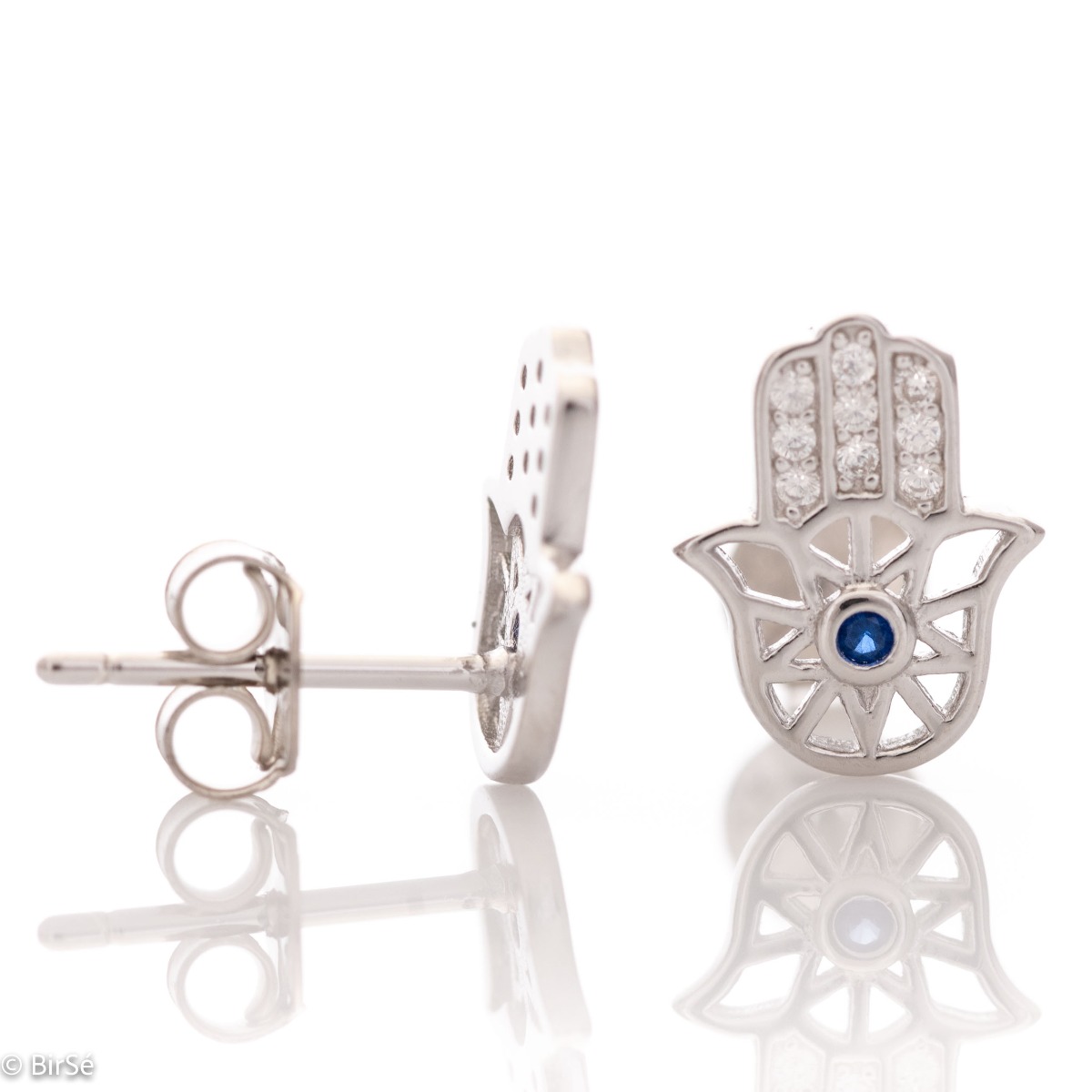 Charming women's earrings, masterfully crafted from fine rhodium silver with the Hand of Fatima symbol. A variety of cubic zirconias are beautifully attached to the main element which adds extra charm to the earrings.