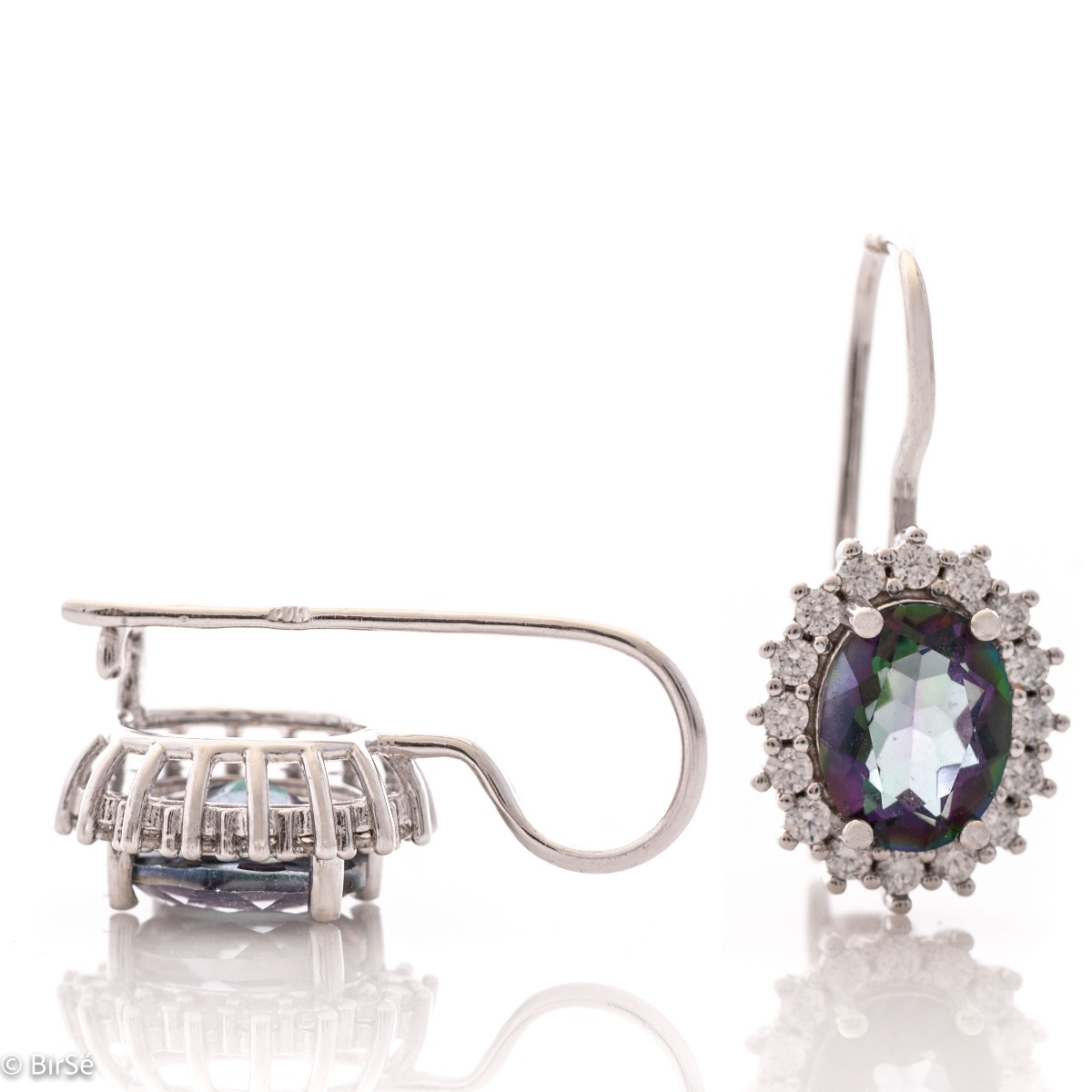 Captivating women's earrings with magnetic Mystic Topaz carefully surrounded by sparkling zircons. The earrings are made of rhodium silver with a comfortable willow clasp. A wonderful gift for the beloved wife, mother or girlfriend.