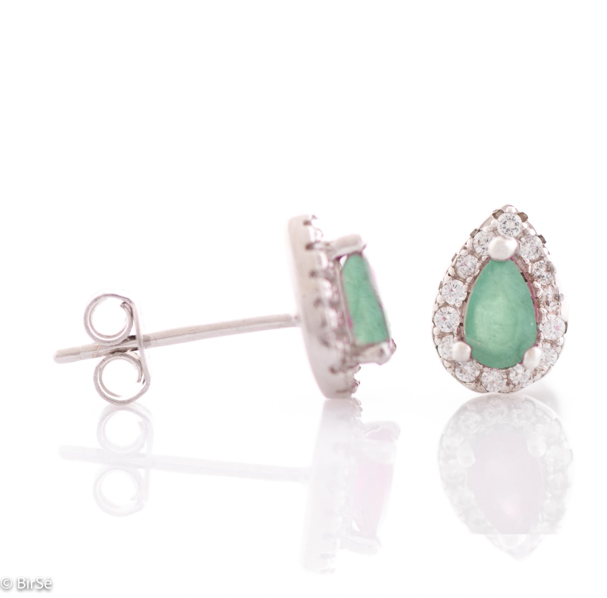 Radiant stud earrings delicately crafted in teardrop shape and fine rhodium silver, complemented by exquisite natural emerald and sparkling zircons.