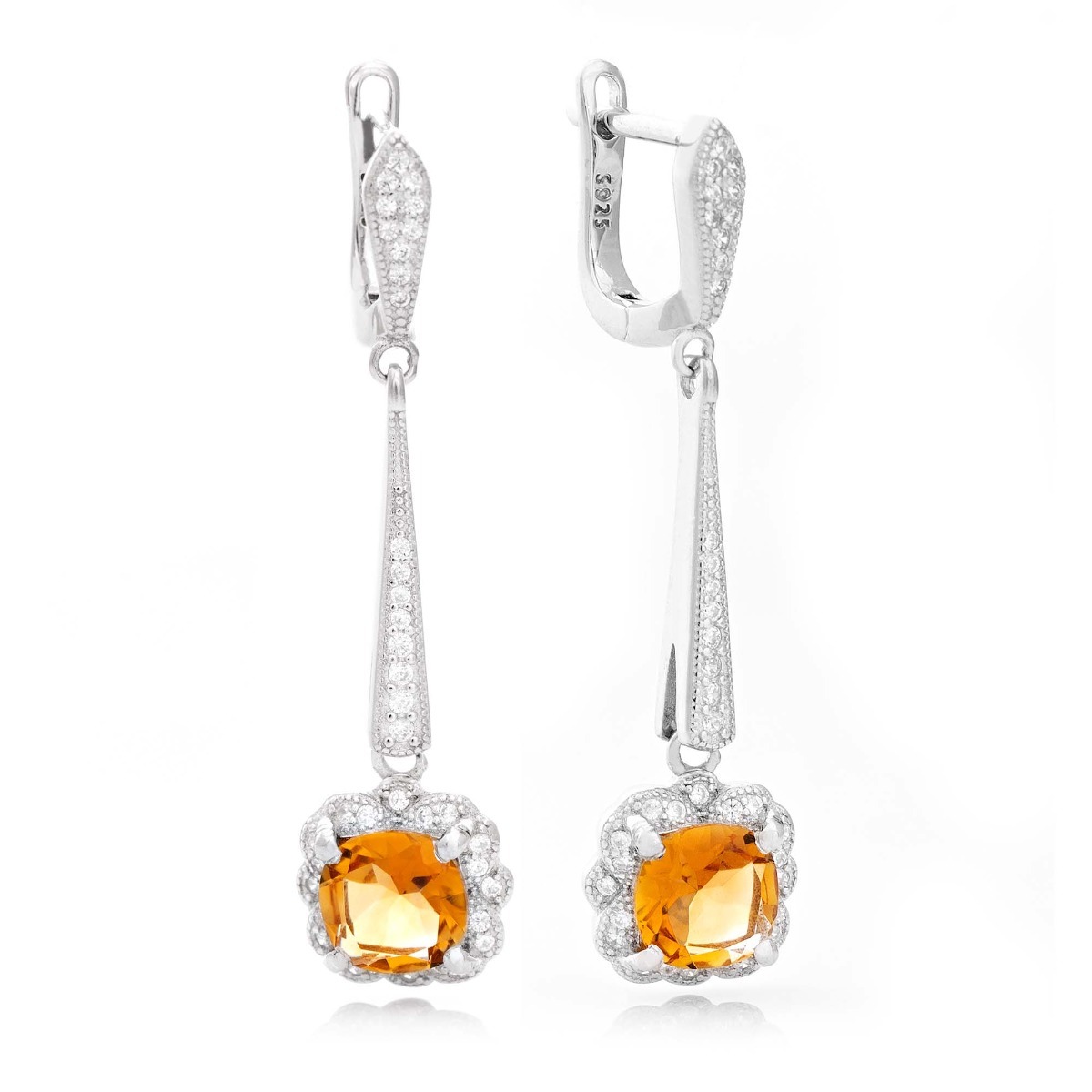 Exclusive ladies' dangle earrings with English clasp and delicate design, combining craftsmanship entirely from rhodium silver, complemented by natural citrine and zircons. They can be combined with a pendant and a ring of the same model.