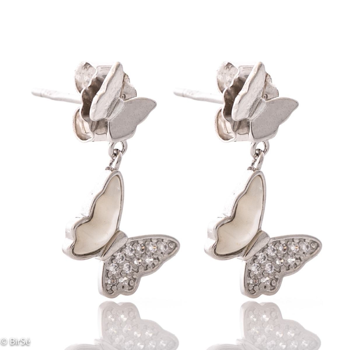 Elegant dangling earrings made entirely of rhodium-plated silver with lovely butterflies, spectacularly decorated with zircons and mother-of-pearl. The fastening is with a pin, for a more elegant look of the jewelry.