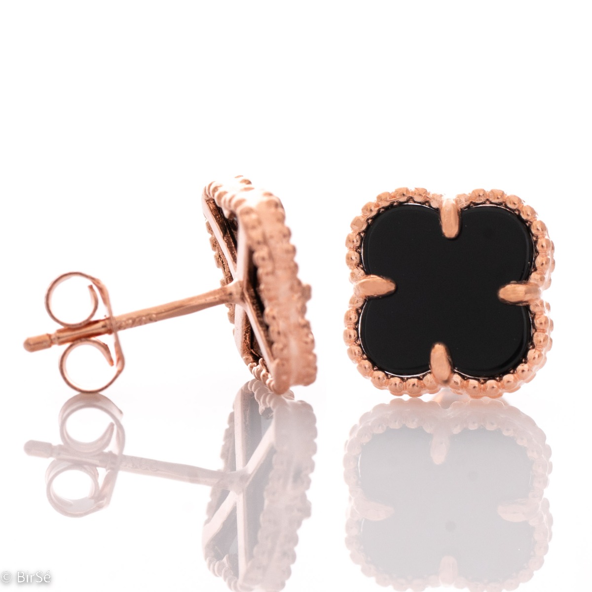 Extremely elegant women's floral style earrings made of rose silver and mystical onyx. The clasp is studded for added convenience, and these earrings will make you feel special.