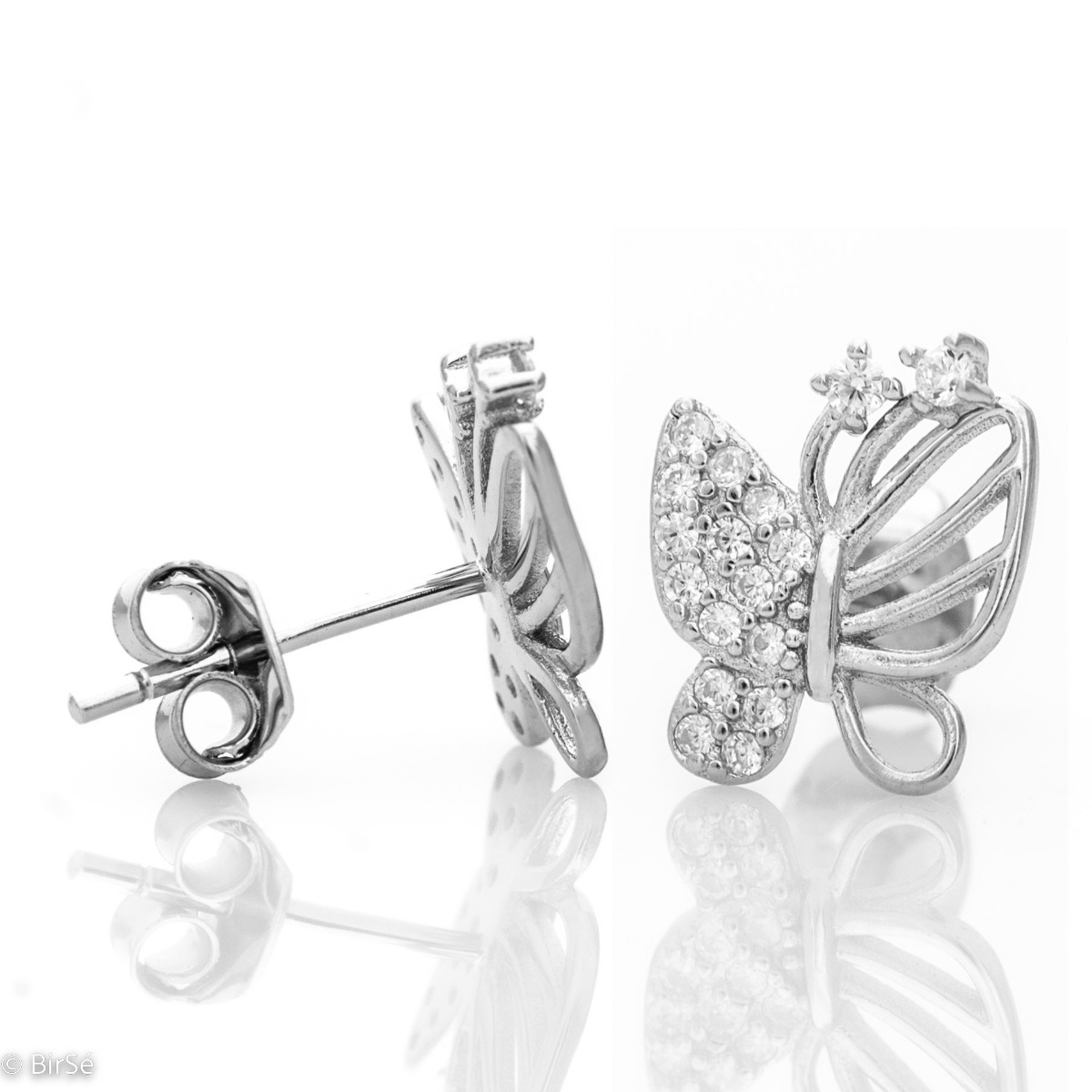 Give yourself a spring vibe with charming silver stud earrings. Choose the earrings made of rhodium silver and sparkling zircons, in the shape of an elegant butterfly.