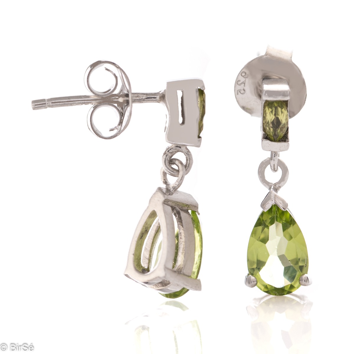 Surrender to the magic of lovely women's earrings with a radiant natural peridot stone, in a beautiful teardrop shape and gentle curves of rhodium silver. The earrings are part of a charming ring and pendant set.