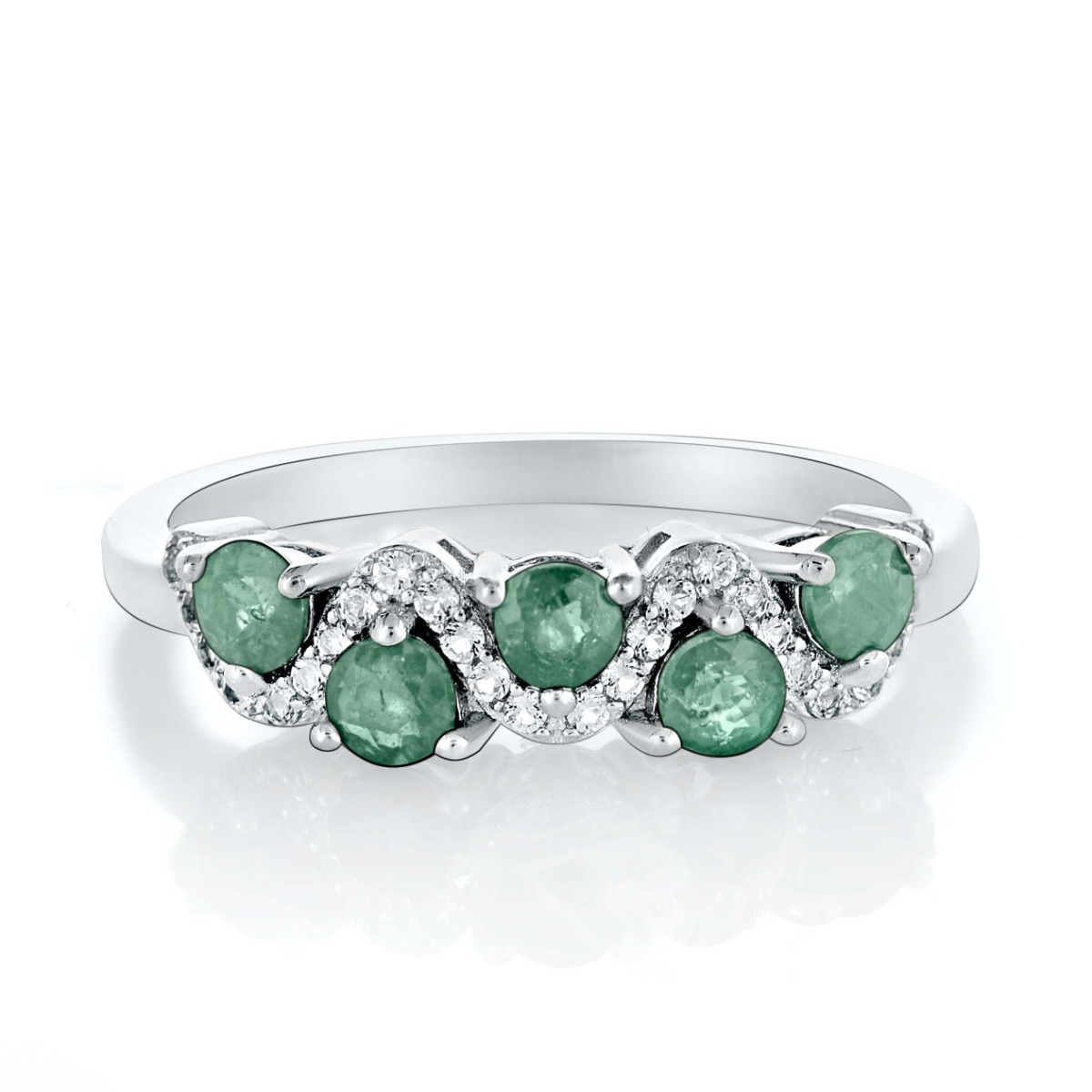 Tempting women's ring with a unique design of stylish rhodium-plated silver, a magnificent natural emerald and the gentle sparkle of dazzling zircons. Complete with English clasp pendant and earrings.