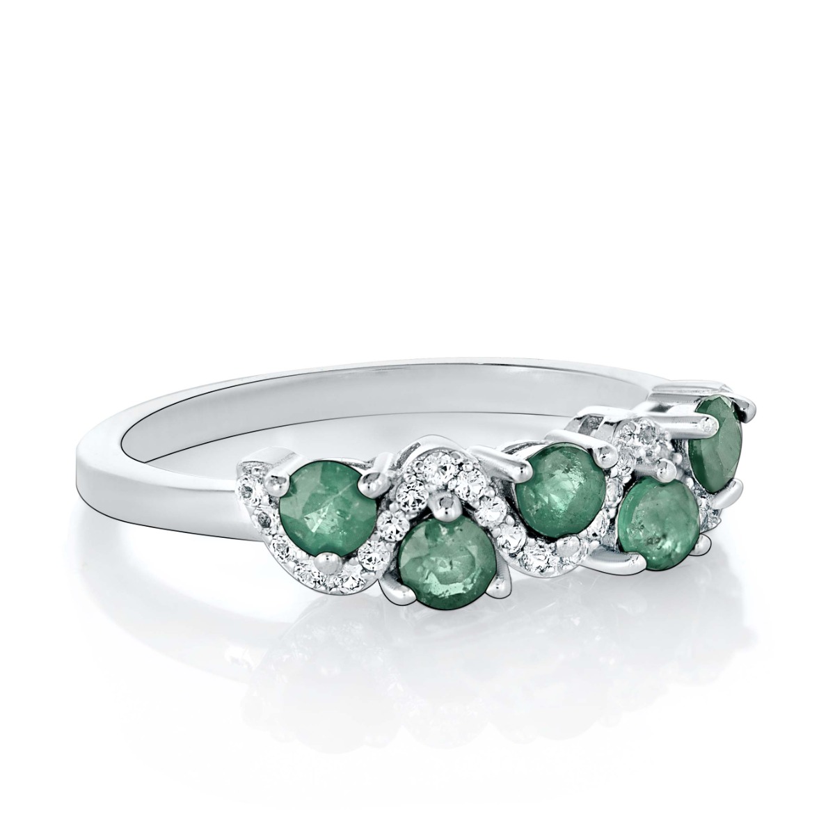 Tempting women's ring with a unique design of stylish rhodium-plated silver, a magnificent natural emerald and the gentle sparkle of dazzling zircons. Complete with English clasp pendant and earrings.