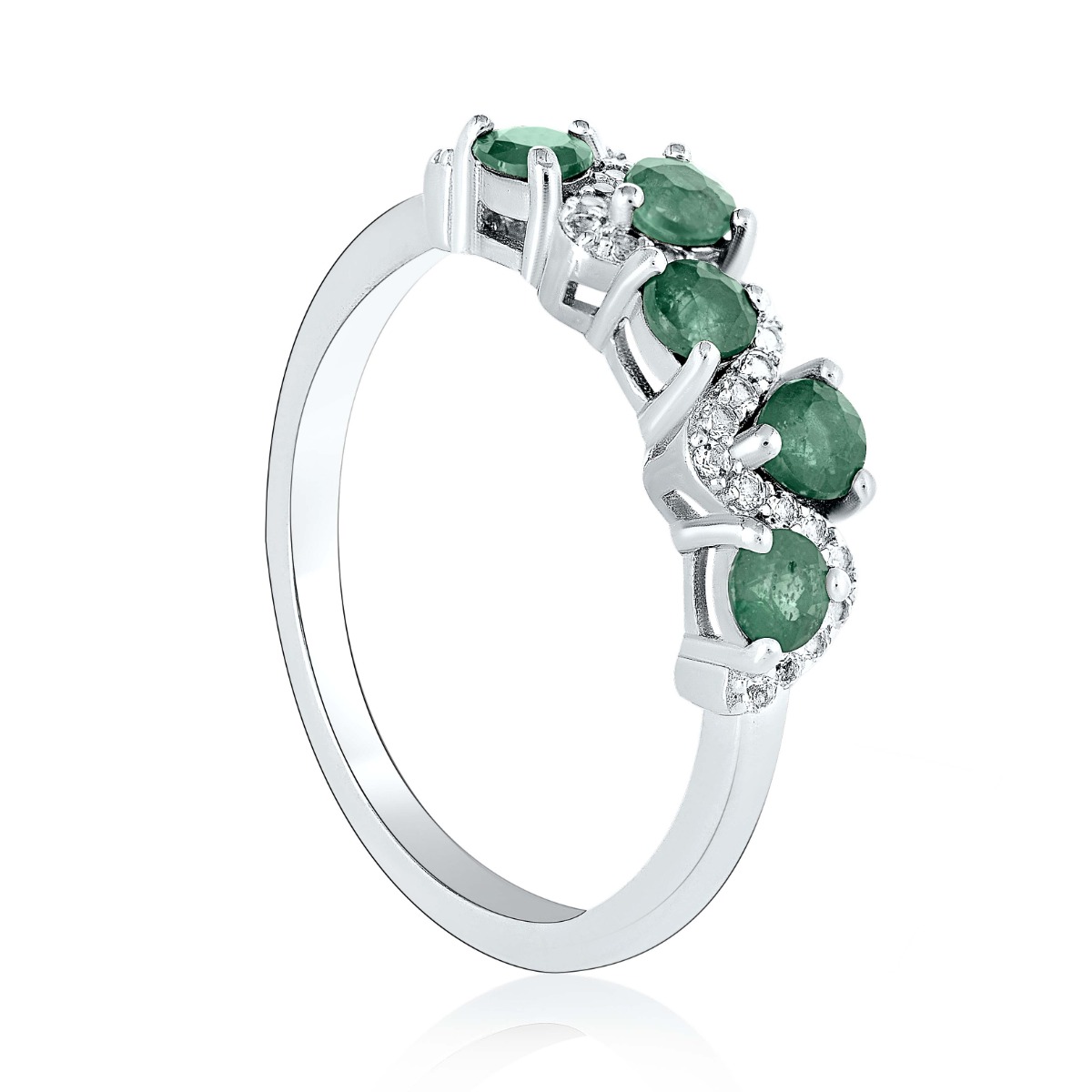 Tempting women's ring with a unique design of stylish rhodium-plated silver, a magnificent natural emerald and the gentle sparkle of dazzling zircons. Complete with English clasp pendant and earrings.