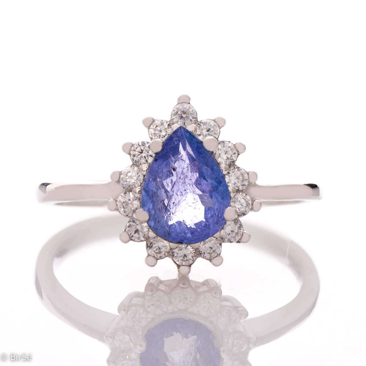 Sophisticated Ring Silver with Exquisite Drop-Shaped Tanzanite and Halo of Glamorous Zircons 0,90 ct.