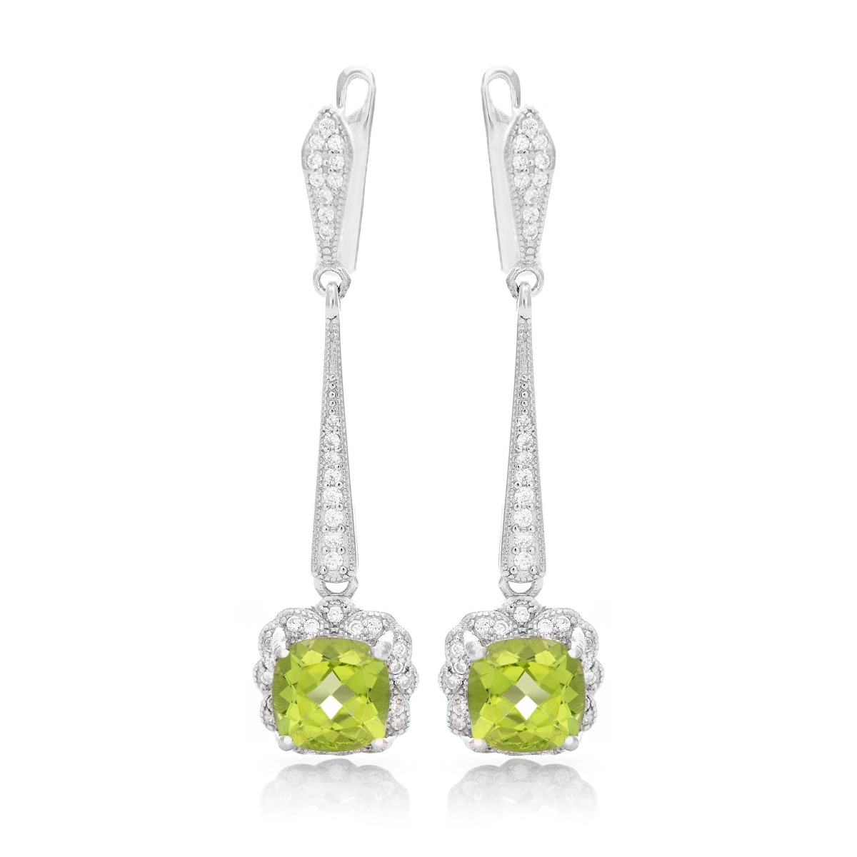 Lovely dangle earrings for women with an English clasp and a delicate design, combining craftsmanship entirely from rhodium silver, complemented by natural peridot and zircons. They can be combined with a pendant and a ring of the same model.