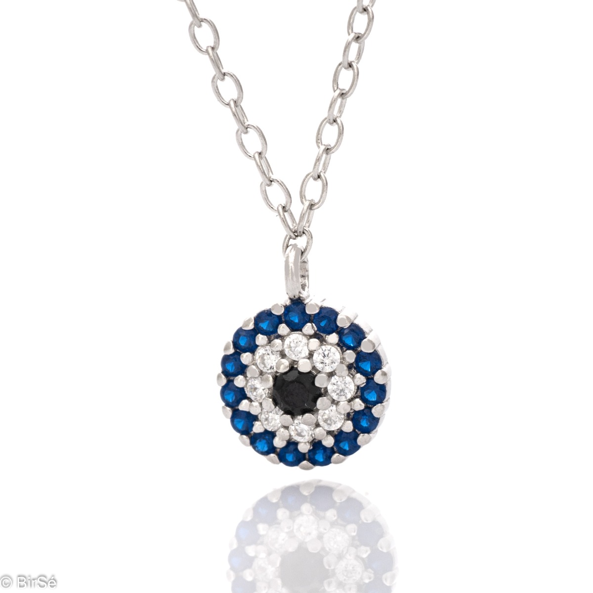 Charming gentle ladies' necklace in the style of "Blue Eye" with a beautiful combination of colored zircons. Stylish composition made entirely of rhodium-plated silver. The necklace is suitable for your everyday life.