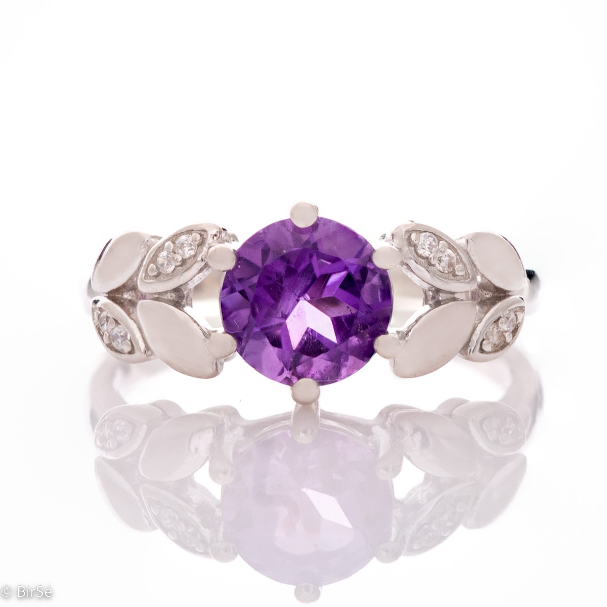 Charming Silver Ring with Magnetic Round Amethyst and Zirconi Leaves 0,70 ct.