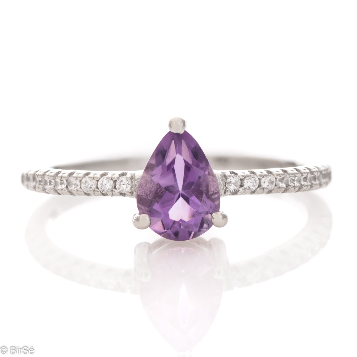 Silver Pear Ring with Amethyst 