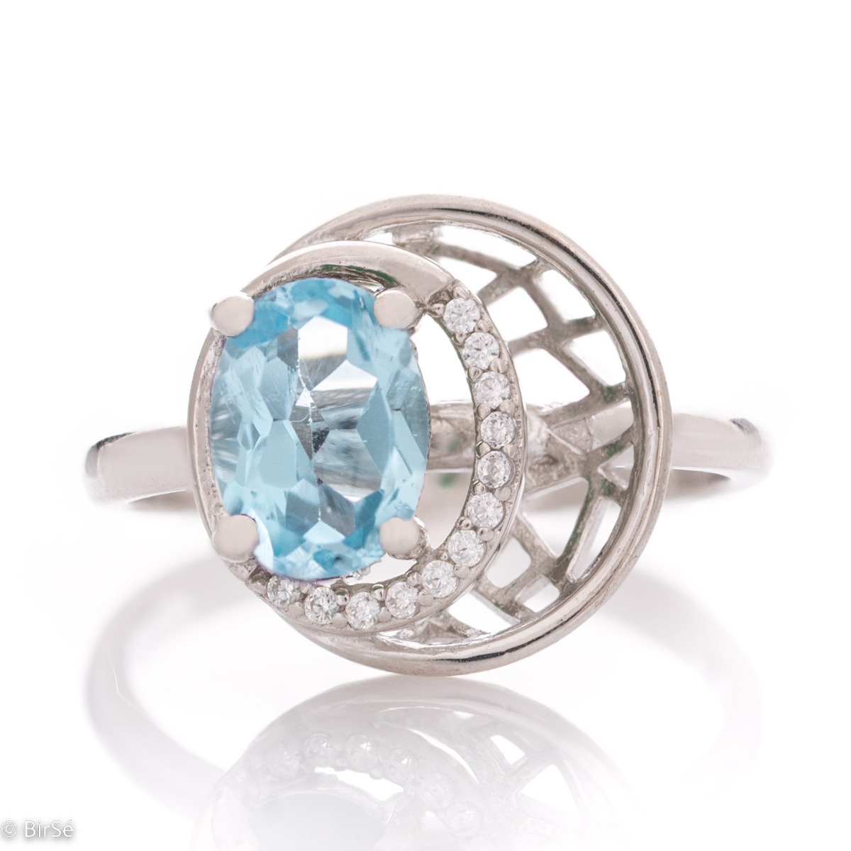 Women's Silver Ring with Gentle Blue Topaz and Glitter of Fine Zircons 1,60 ct. 