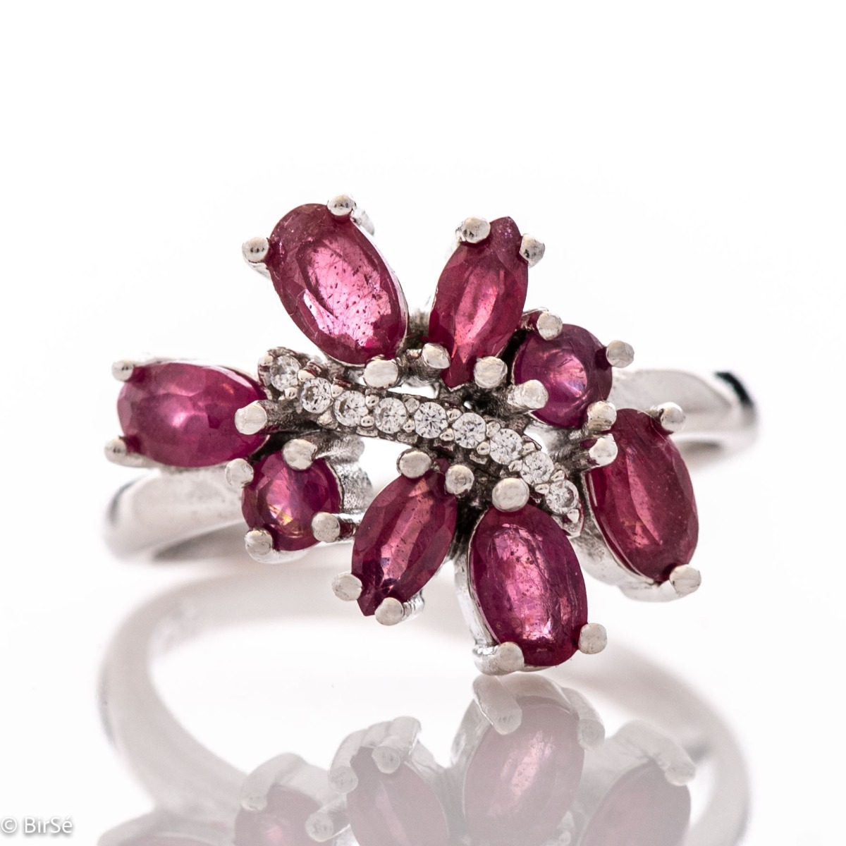 Stylish Women's Ring with Enchanting Natural Rubies on Rhodized Silver