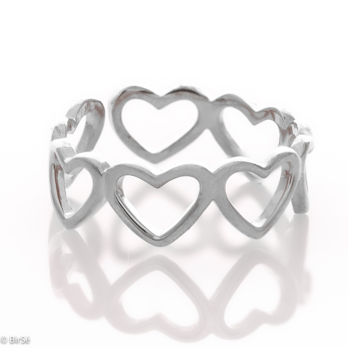 Charming women's jewelry, in the form of a beautiful ring, with elegant hearts made entirely of soft rhodium-plated silver. A wonderful gift for the beloved girl.