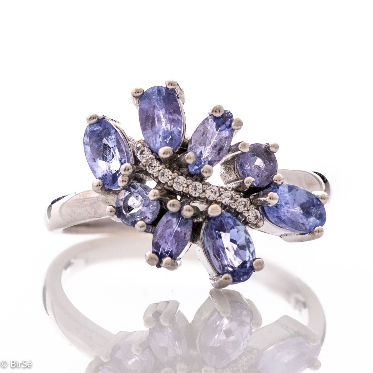 Exquisite Ring of Rhodified Silver with Divinely Beautiful Tanzanites and Fine Zircons 