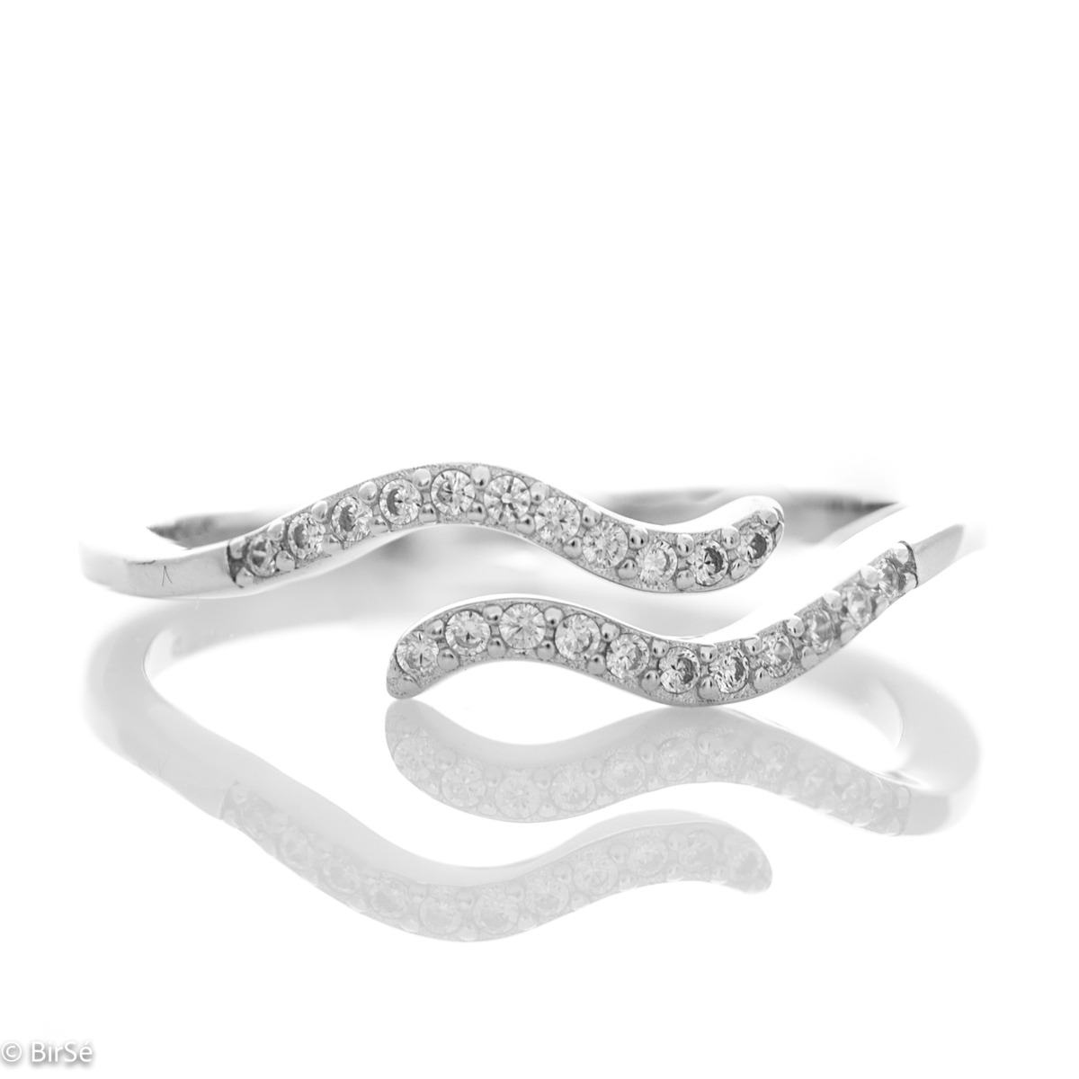 An exquisite open type silver ring design for women, with captivating ripple-shaped workmanship. Silver waves are elegantly decorated with fine zircons for more opulence of the jewelry.