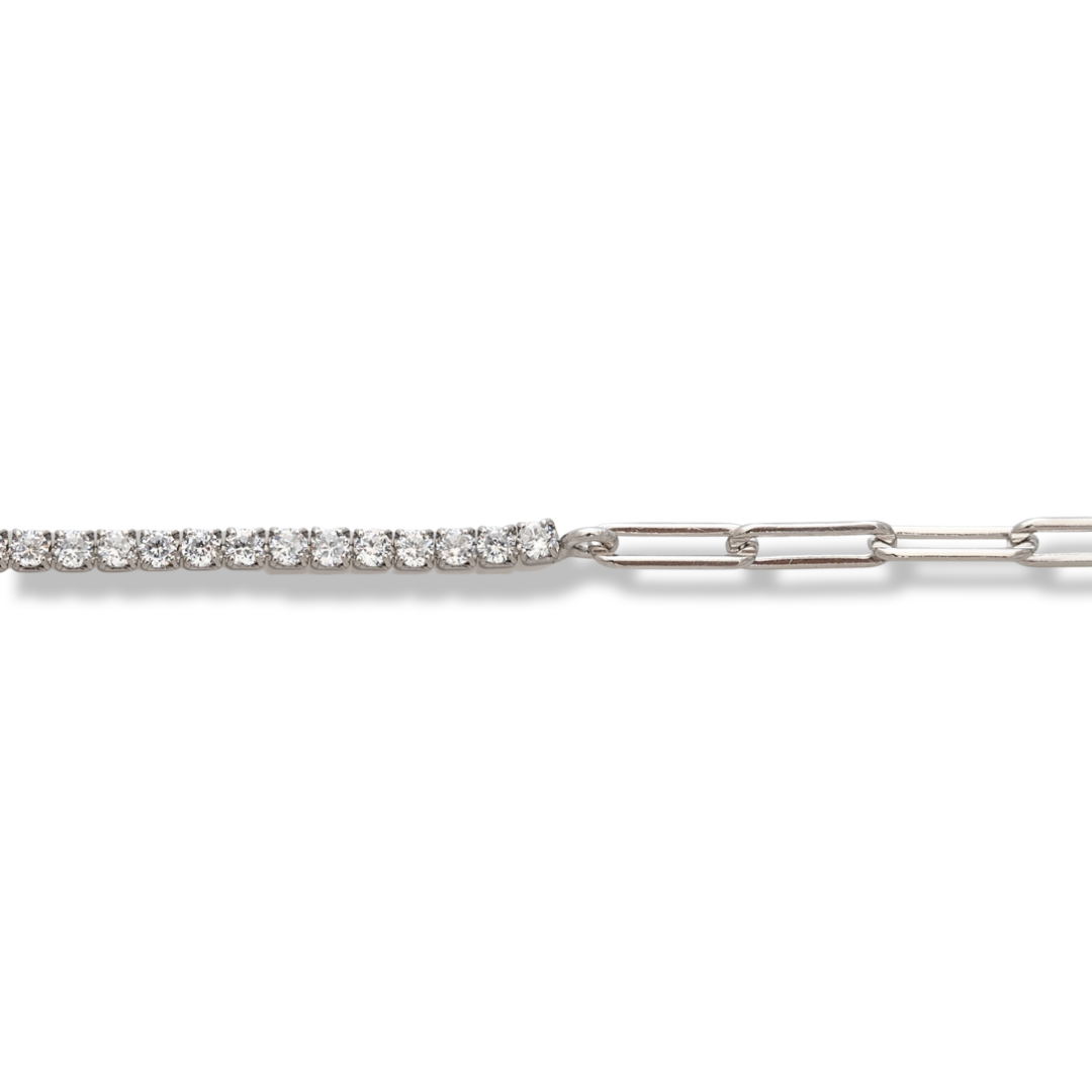 A charming women's bracelet made of rhodium silver with a row of sparkling zircons, in a successful combination with a classic braid for the rest of the chain. The delicate women's bracelet is a great BirSe gift idea.