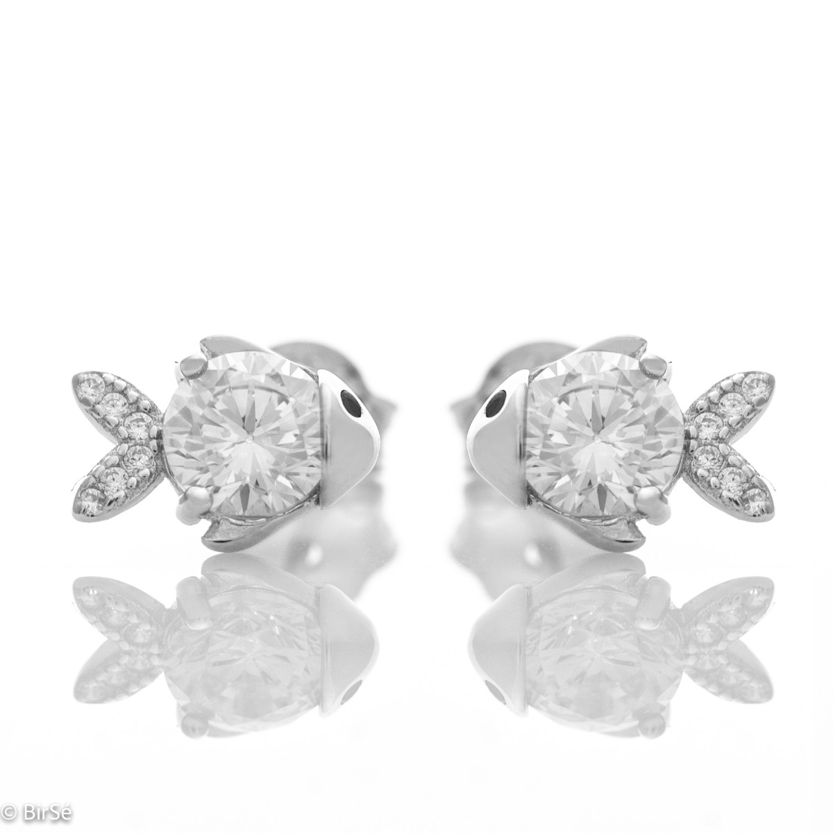 Charming sterling silver Fish earrings crafted with exquisite designs of glittering zircons elements. The fastening is with a pin - secure and preferred by the ladies.