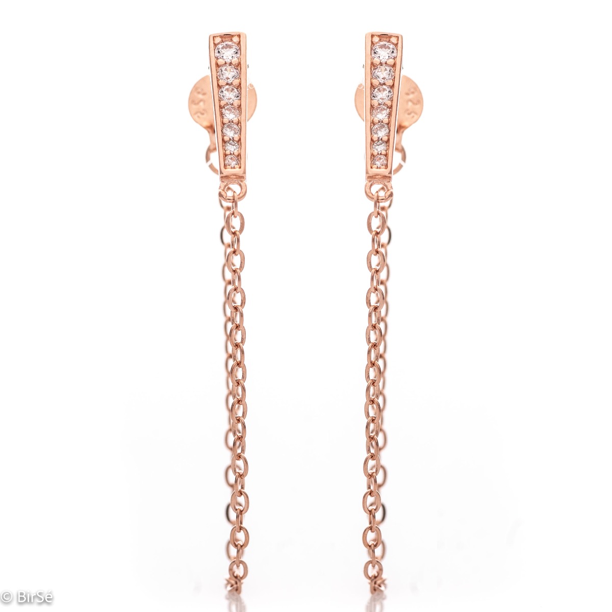 A simple model of women's dangling earrings with an elegant design, completely formed by combining rose silver with sparkling zircons. The fastening is with a pin - comfortable and practical. A wonderful mood for your everyday life with BirSe earrings.