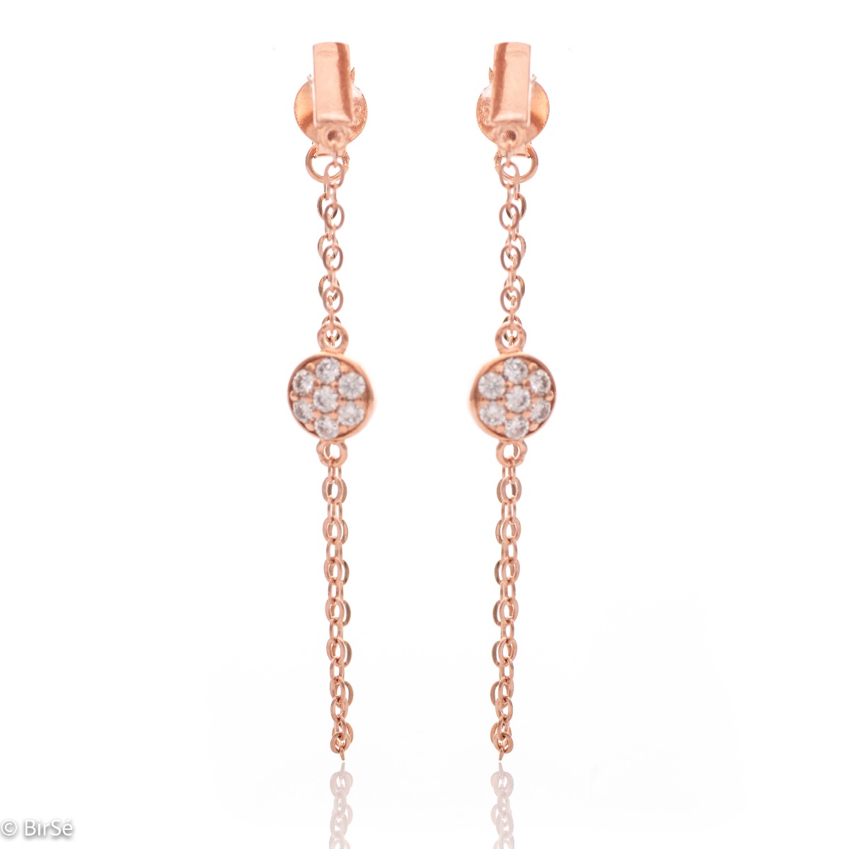 A stylish model of dangling ladies' earrings with an elegant design, completely formed by combining rose silver with sparkling zircons. The fastening is with a pin - comfortable and practical. A wonderful mood for your everyday life with BirSe earrings.