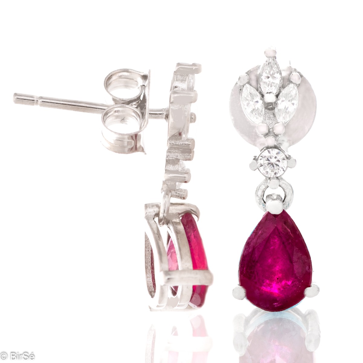 Natural Ruby Silver Earrings - Tempting drop shaped silver earrings. Delicate zircons give way to an incredible natural ruby, gathering all eyes.