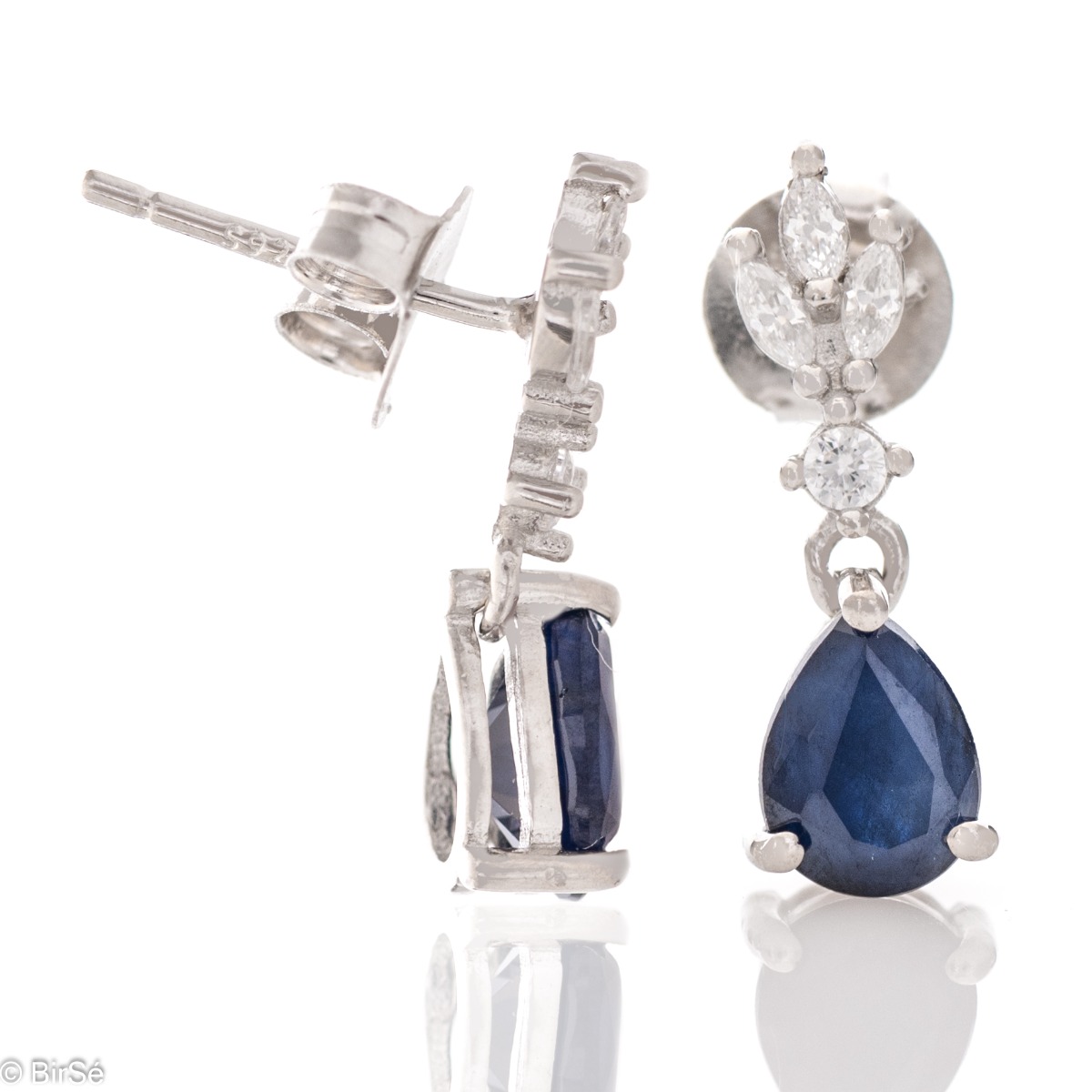 Natural Sapphire Silver Earrings - Stunning sterling silver earrings with a beautiful natural stone, a magnetic drop-shaped sapphire and a company of delicate sparkling cubic zirconias.