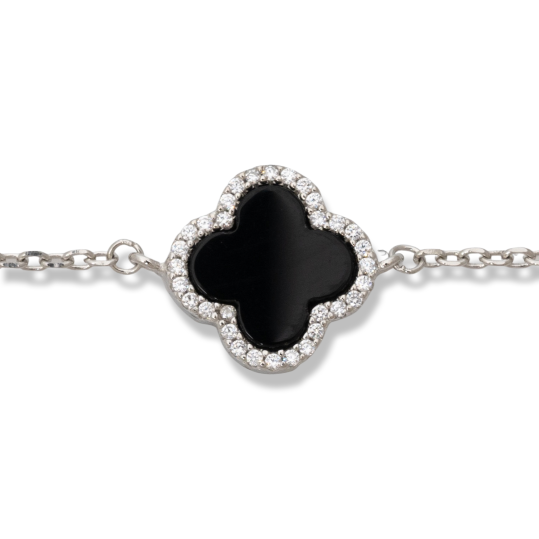 Silver Clover Bracelet with Onyx