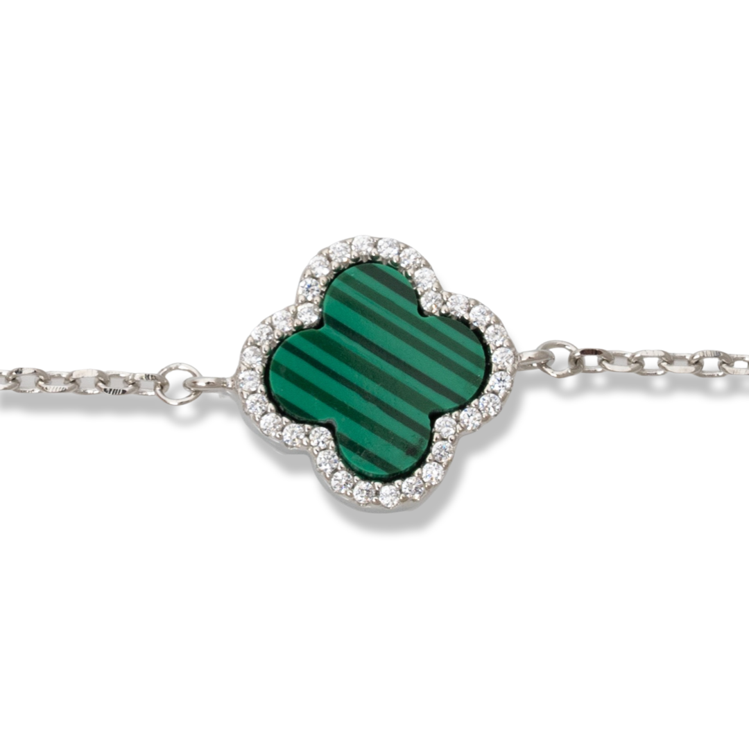 Silver Clover Bracelet with Malachite