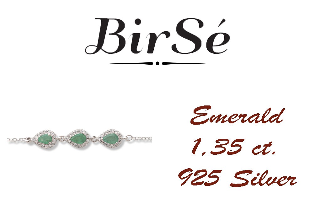 Elegant women's bracelet in soft silver with natural emerald drops, decorated with exquisite and subtle elements and sparkling zircons. The bracelet has an extension, for greater convenience when adjusting the length.