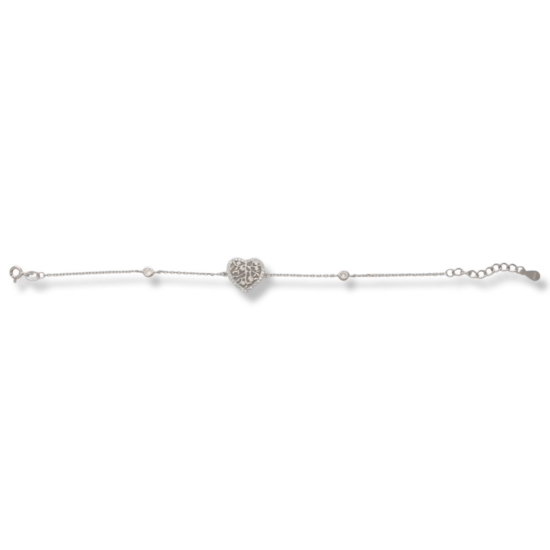 Ethereal women's jewelry made of soft silver with exquisite workmanship. The fine women's bracelet is a combination of the tree of life, elegantly crafted in a heart of zircons. The bracelet has an extension, for more convenience when adjusting the length