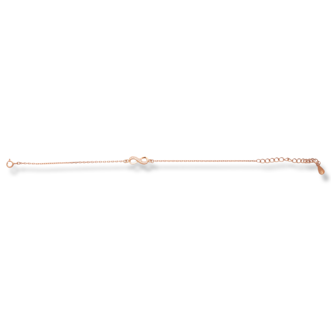 Ethereal women's jewelry made of soft pink silver with exquisite workmanship. The fine women's bracelet has a beautiful infinity, decorated with captivating zircons. The bracelet has an extension, for more convenience when adjusting the length.