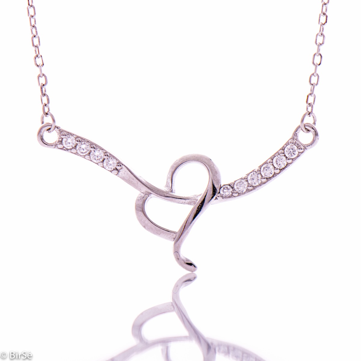 Cute Silver Necklace with Heart and Zircons