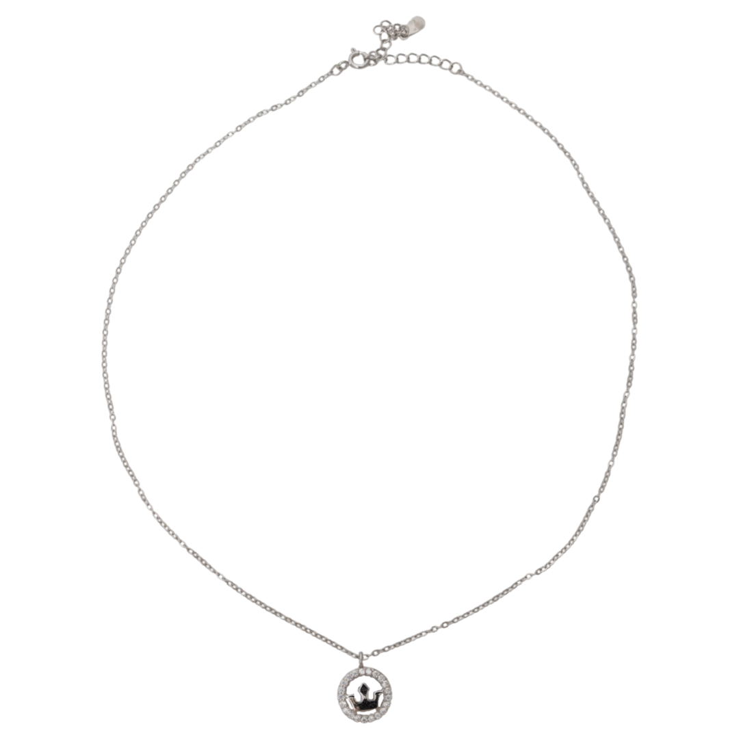 Spectacular women's jewelry made of rhodium-plated silver with an elegant crown element and a halo of zircons. A matching necklace for the princess in your life.