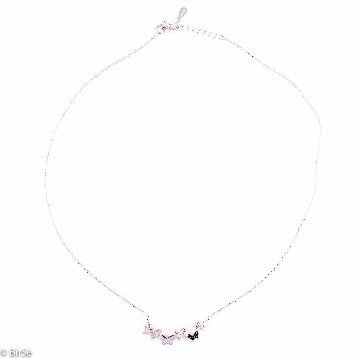 Delicate and elegant silver necklace in the form of exquisite butterflies, floating in an ethereal dance. Stylish composition of a fine combination of rose silver and zircon stones.