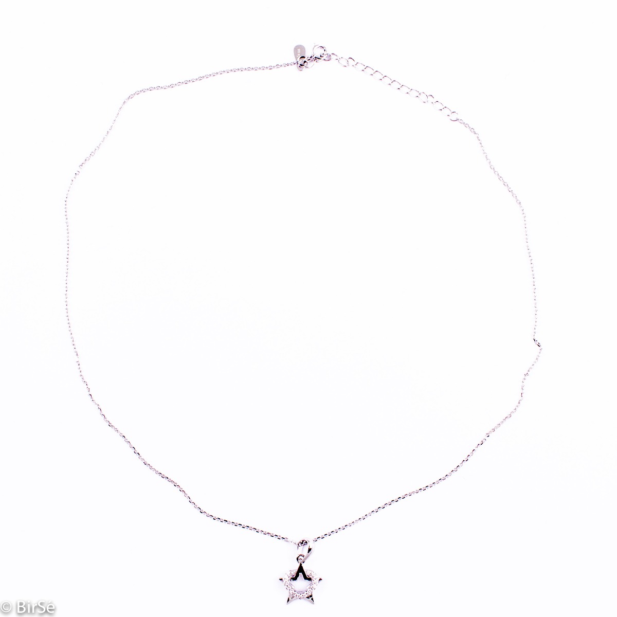 An elegant silver necklace with an accent of a spectacularly shaped star. Stylish composition made entirely of soft rhodium silver, enhanced by the shine of white zircons.