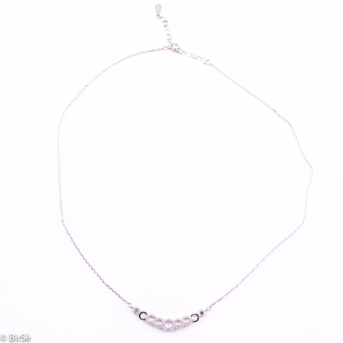 Elegant women's necklace in a modernistic and innovative layout of geometric elements in the shape of an ellipse. Stylish and delicate craftsmanship of the details from a combination of classic silver and exquisite zircon stones.