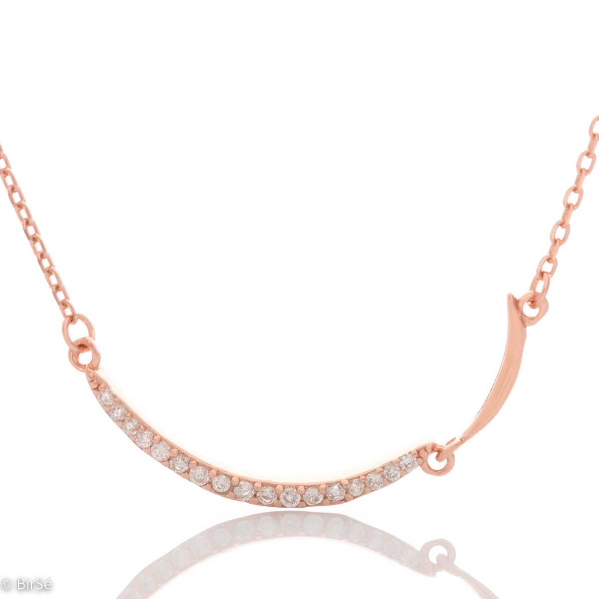 Elegant women's necklace with a broken design in rose silver. The jewelry has beautifully sculpted elements, elaborately decorated with sparkling zircons.