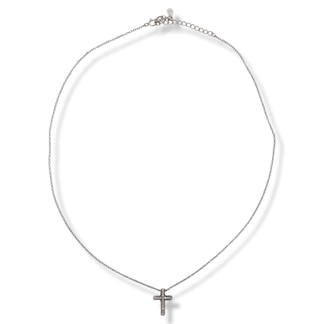 A charming women's necklace with a precision-crafted cross, entirely made of rhodium-plated silver and sparkling white zircons.