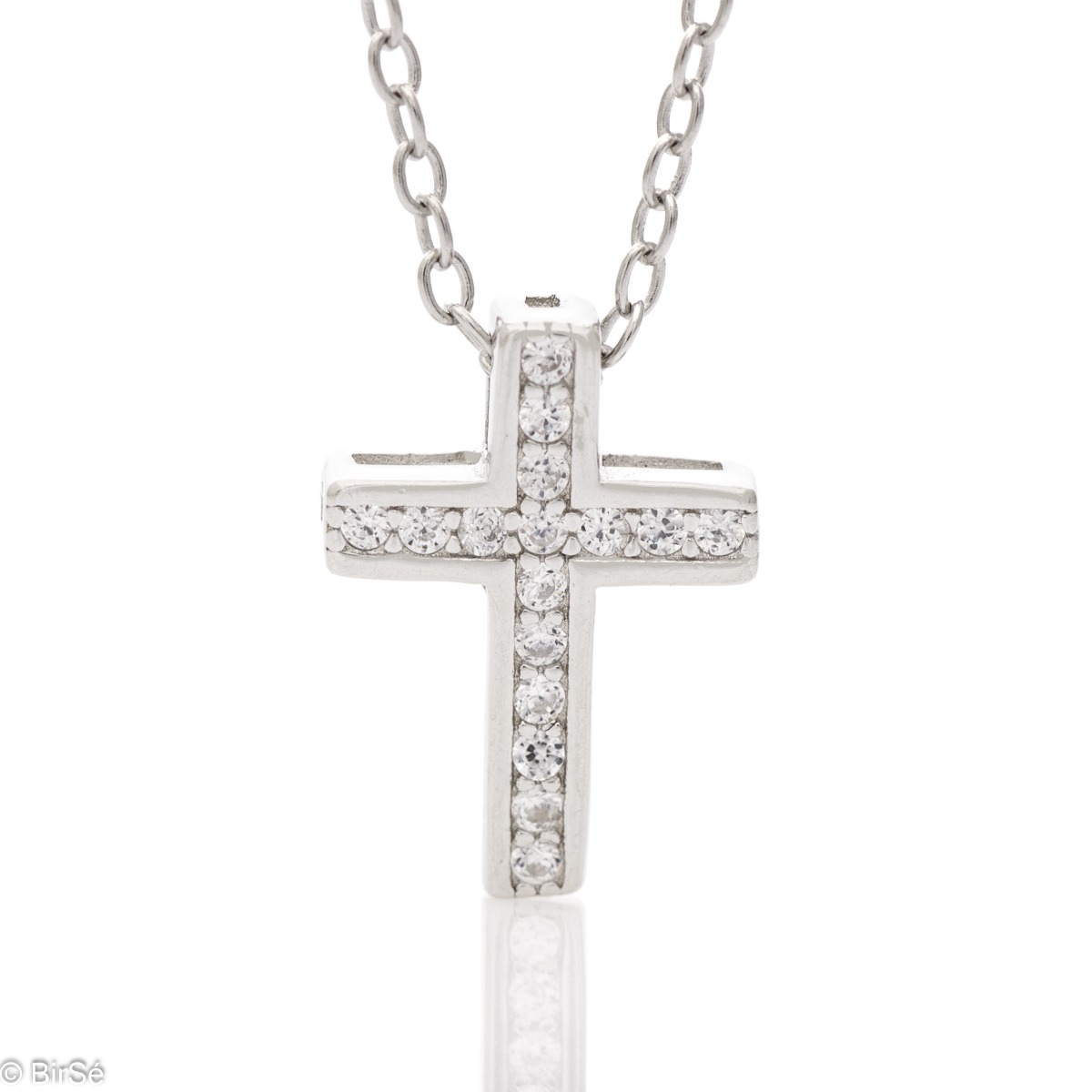 A charming women's necklace with a precision-crafted cross, entirely made of rhodium-plated silver and sparkling white zircons.