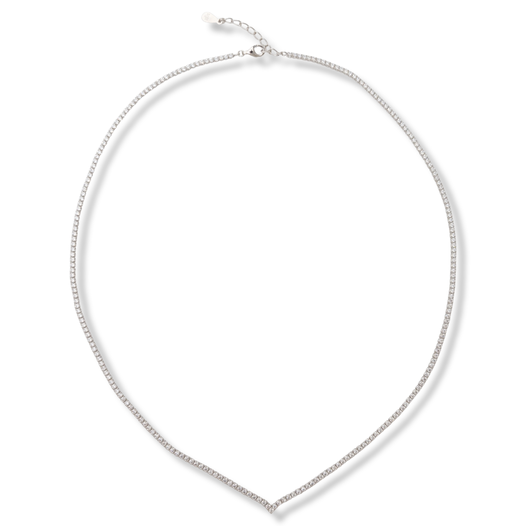 Stylish women's silver necklace, made entirely of rhodium-plated silver and covered with sparkling zircons. The necklace is adjustable in size, extremely suitable for formal occasions.