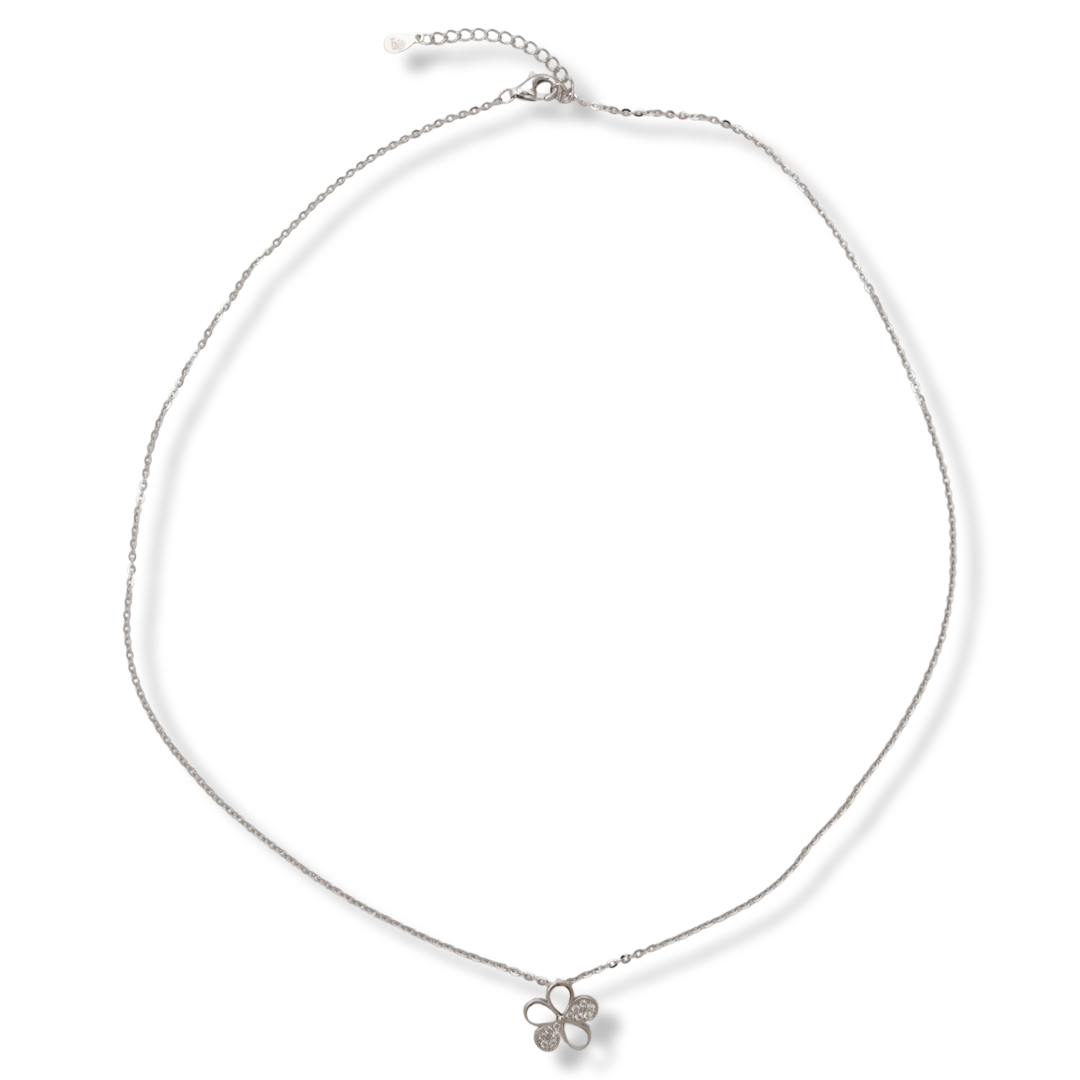 Fine women's necklace in rhodium-plated silver, with an exquisite flower design, with a delicate accent of white zircons. The necklace is a suitable gift for a beloved girl or lady.