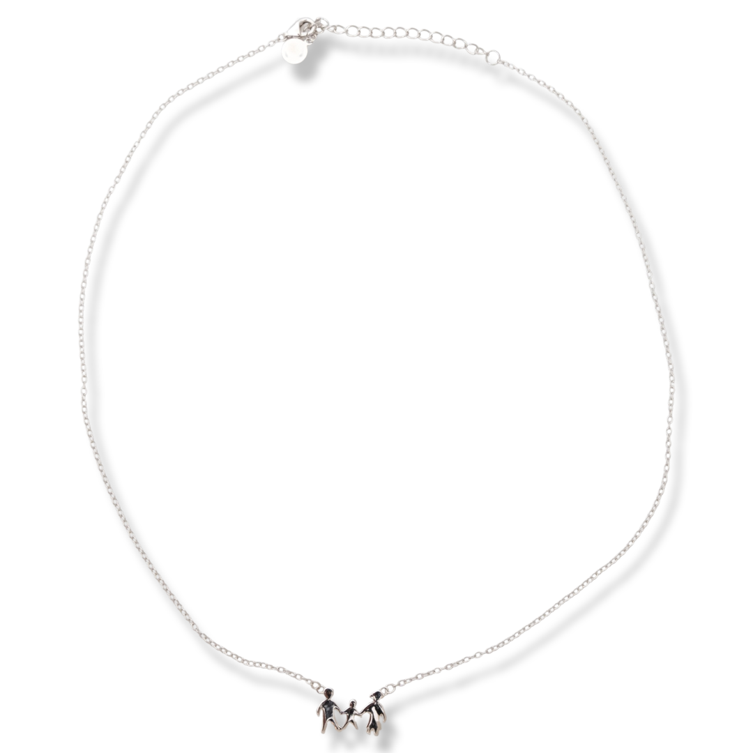 A charming women's necklace made entirely of soft rhodium silver with an element of a happy family holding hands.