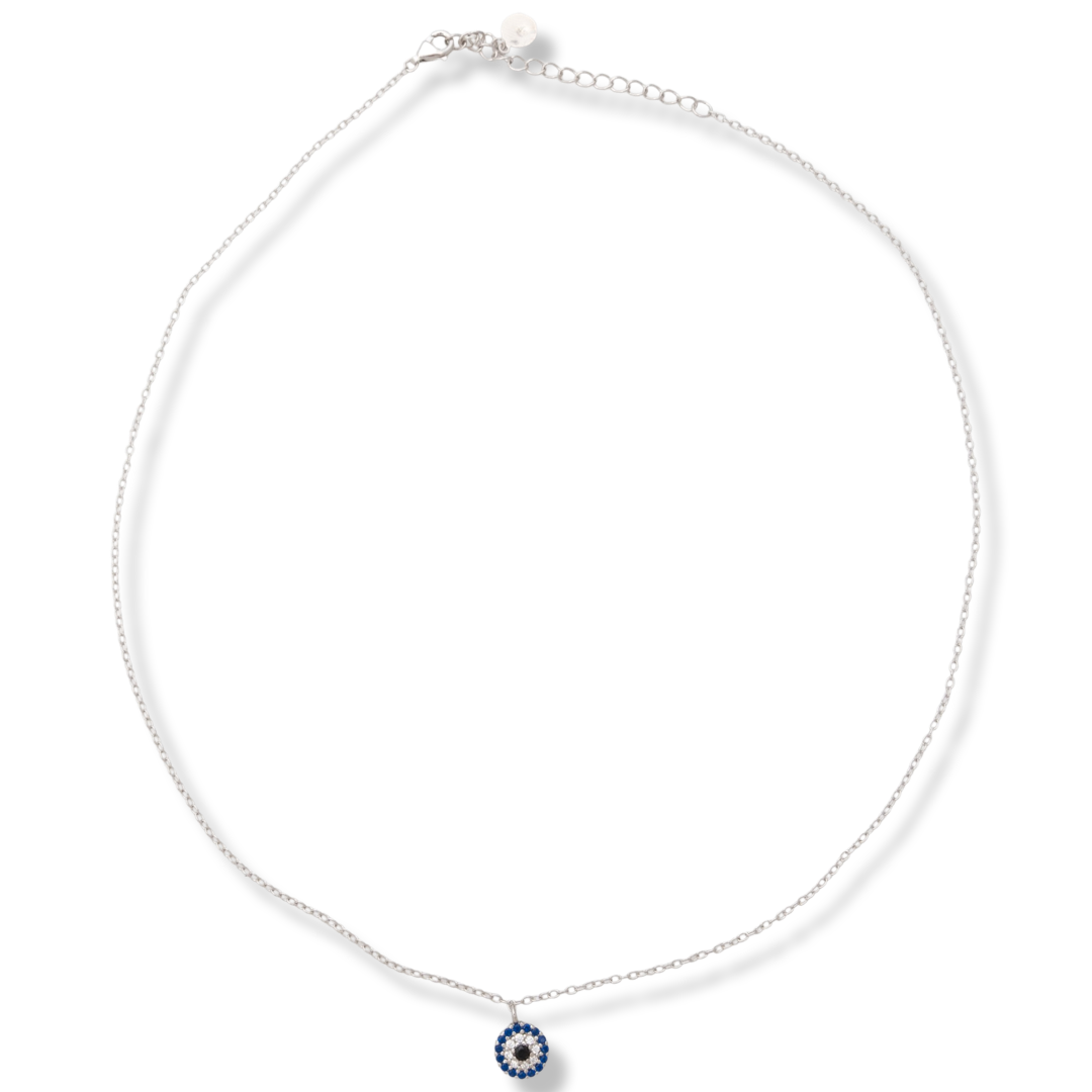 Charming gentle ladies' necklace in the style of "Blue Eye" with a beautiful combination of colored zircons. Stylish composition made entirely of rhodium-plated silver. The necklace is suitable for your everyday life.